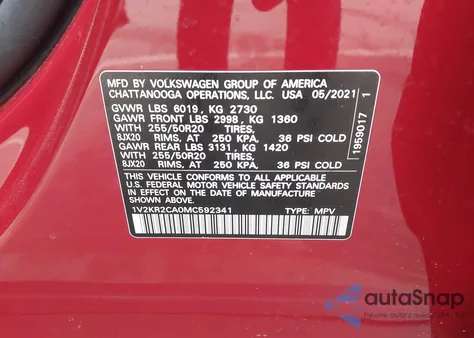 2021 Volkswagen Atlas 3.6L V6 Se W/Technology from USA, damaged, VIN 1V2KR2CA0MC592341